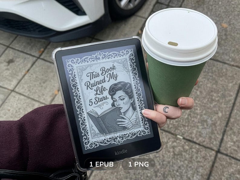 Bookish Kindle lock screen beside a green coffee cup