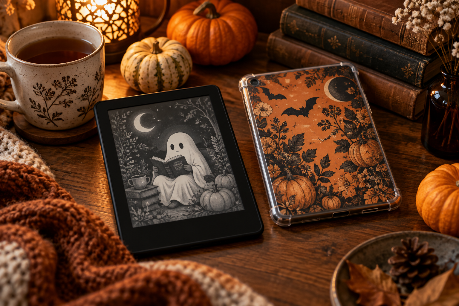 AI-generated Halloween reading concept with ghost artwork, a decorative clear case, pumpkins and tea; illustrative designs