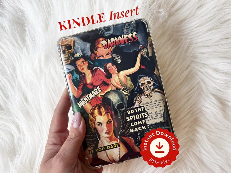 Vintage Horror printable design in a clear Kindle case